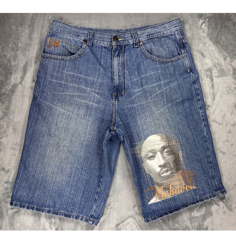 Makaveli Branded Tupac Shakur Denim Shorts Mens 40 Blue Graphic Y2K Hip Hop 2Pac